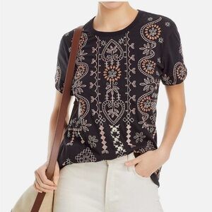 Johnny Was Faye Crew Neck Embroidered Cotton Jersey T-Shirt Tee Black